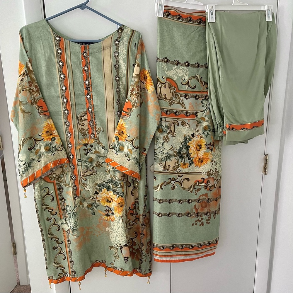 Salwar Kameez in Sage Green and Orange